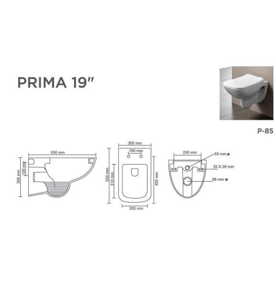 PRIMA V-9001 | 19" | Wall Hung Water Closet | Wall Mounted